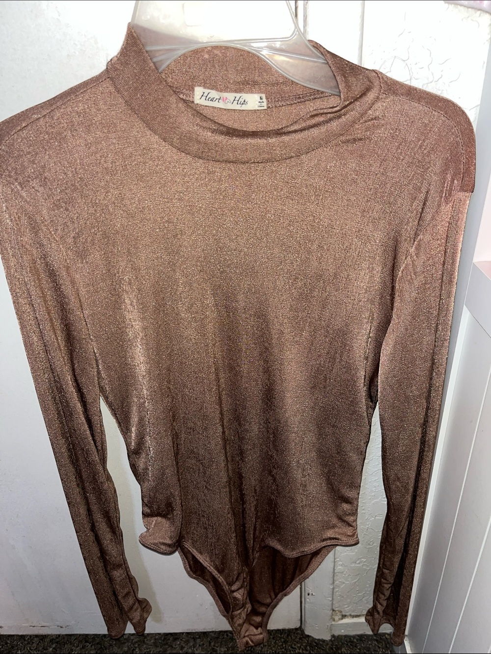 Heart Hips Metallic Bronze Long-Sleeve Mock Neck Bodysuit